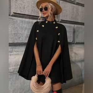 Black Mock Neck Button Detail Cloak Sleeve Overcoat; Caplet; 6